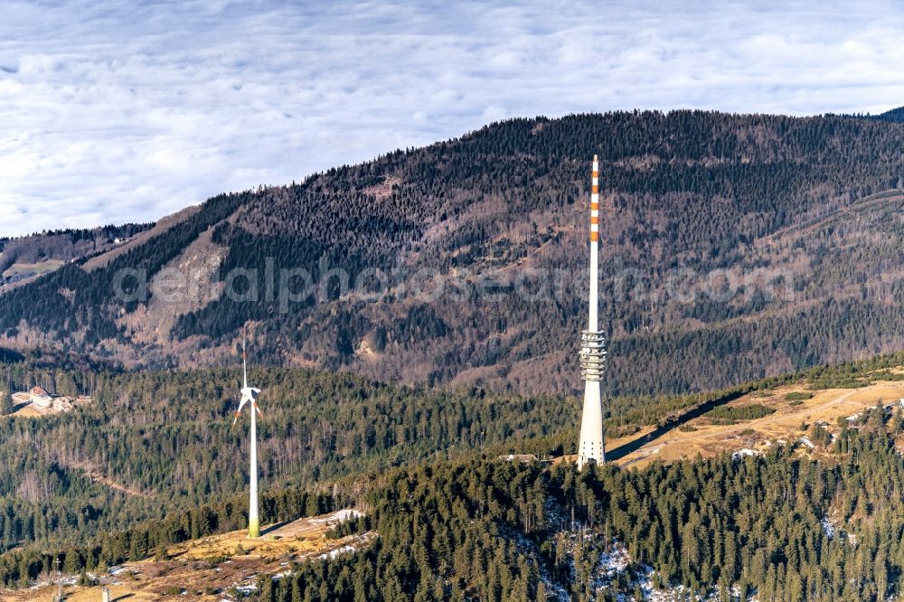 Sasbach from the bird's eye view: Rock and mountain landscape Hornisginde in Nordschwarzwald with Funkturm in Sasbach in the state Baden-Wurttemberg, Germany