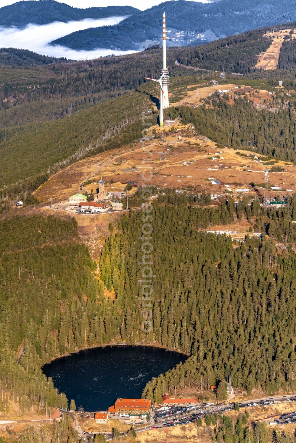 Aerial photograph Sasbach - Rock and mountain landscape Hornisginde in Nordschwarzwald with Funkturm in Sasbach in the state Baden-Wurttemberg, Germany