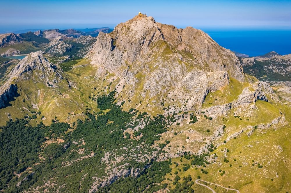 Escorca from above - Rock and mountain landscape of Puig Major with military use overlooking the sea in Escorca at Serra de Tramuntana in Balearic island of Mallorca, Spain
