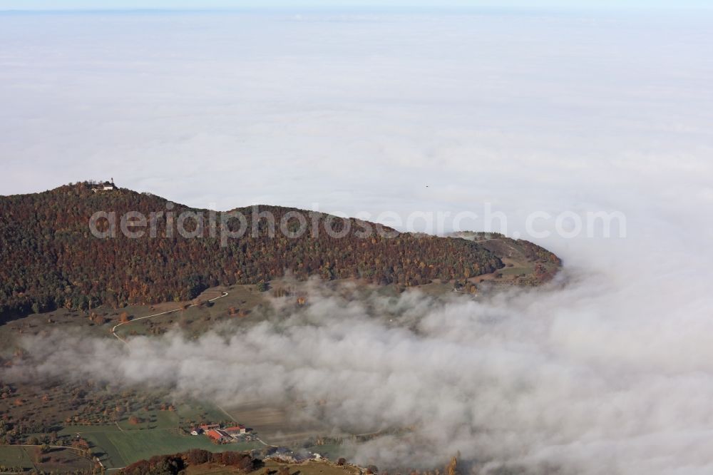 Aerial image Wiesensteig - Rock and mountain landscape der Schwaebischen Alp The Swabian Alb with high fog cloud layers near Wiesensteig in the state Baden-Wuerttemberg