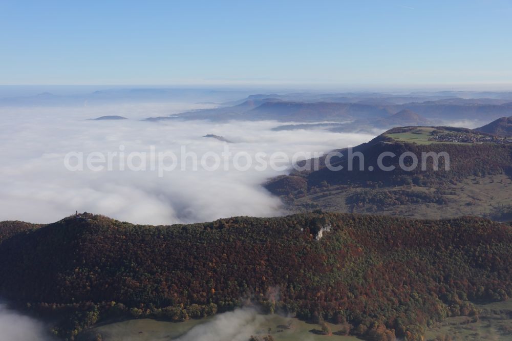 Aerial image Wiesensteig - Rock and mountain landscape der Schwaebischen Alp The Swabian Alb with high fog cloud layers near Wiesensteig in the state Baden-Wuerttemberg