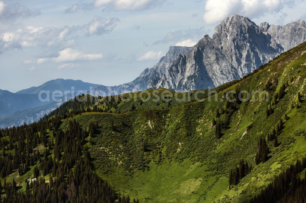 Aerial image Brandschink - Rock massif and mountain landscape of the Austrian Alps at the Gesaeuse National Park on the Treglwang road in Brandschink in Styria, Austria