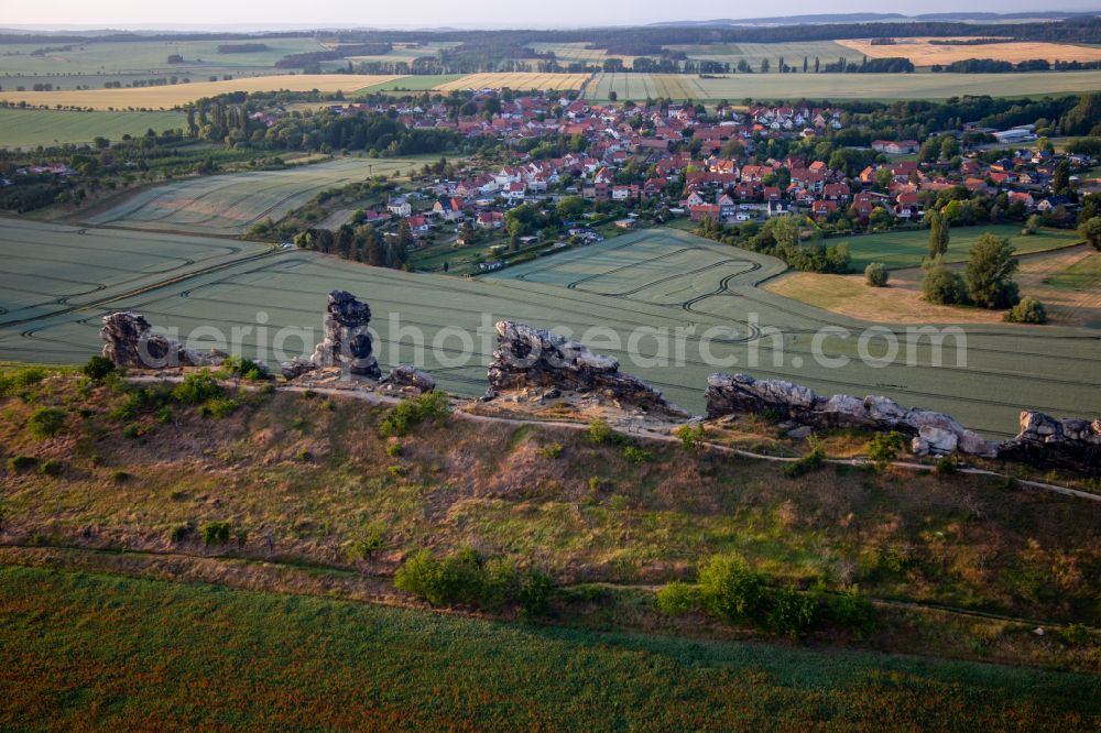 Aerial photograph Thale - Rock and mountain landscape Teufelsmauer Weddersleben in the district Weddersleben in Thale in the state Saxony-Anhalt, Germany