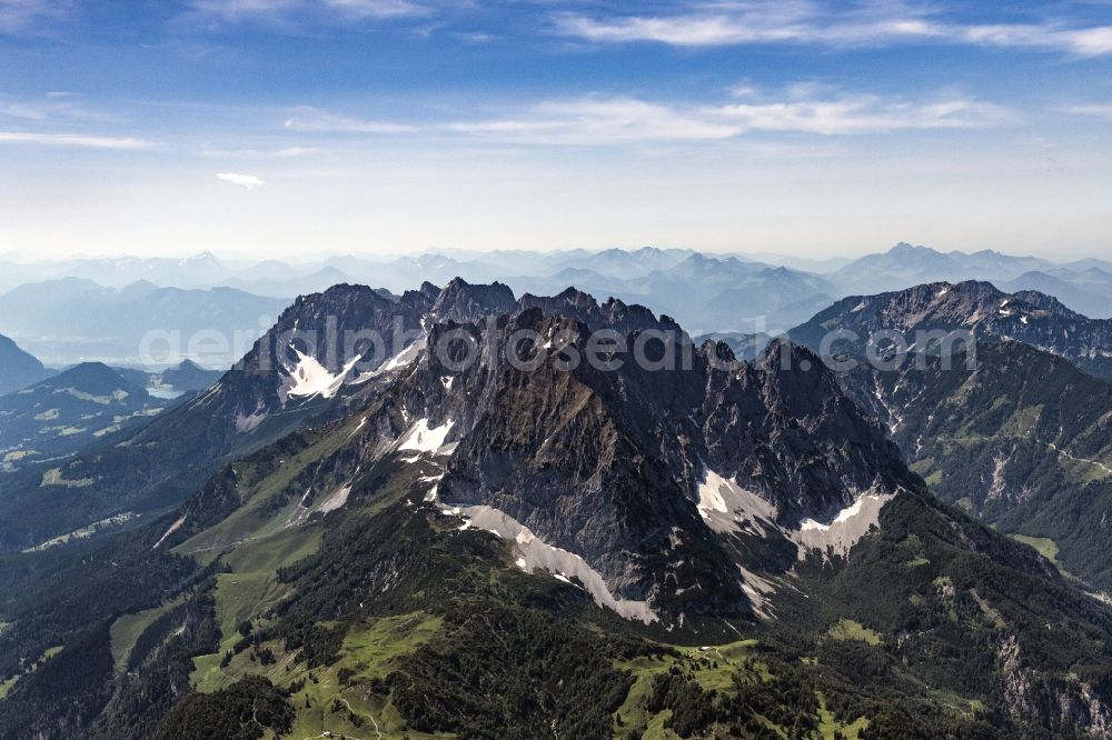 Aerial image Sankt Johann - Mountain landscape at the Wilder Kaiser in the Kaisergebirge in Kufstein in Tyrol, Austria