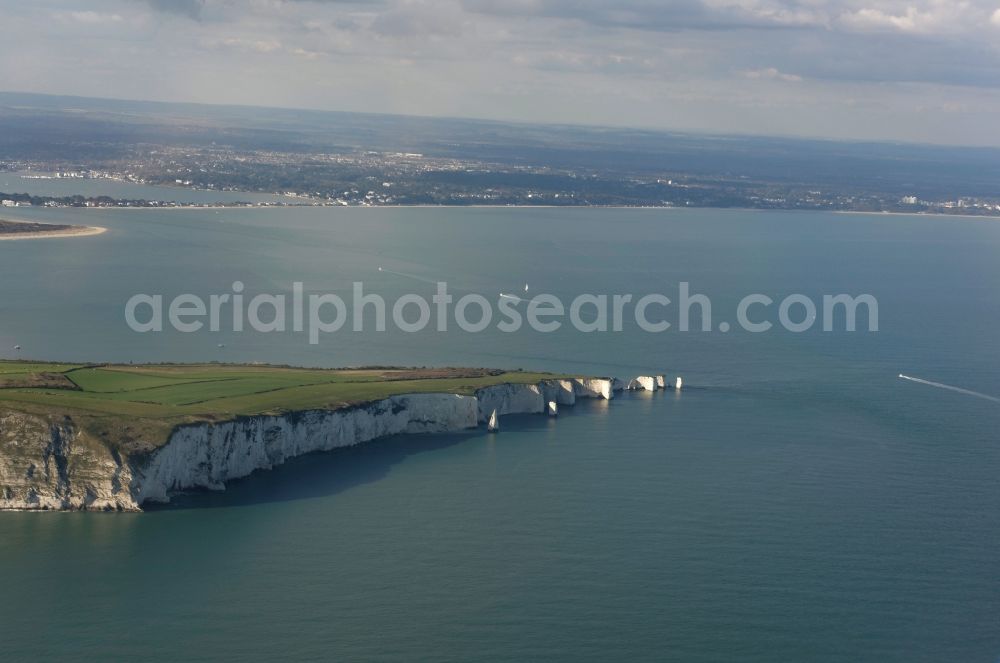 West High Down from above - Rock Coastline The Needles on the cliffs Old Harry Rocks Isle of Wight of English Channel in West High Down in England, United Kingdom