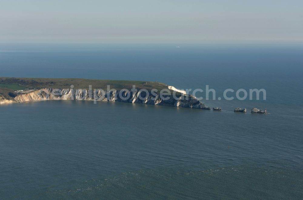 Aerial image West High Down - Rock Coastline The Needles on the cliffs Old Harry Rocks Isle of Wight of English Channel in West High Down in England, United Kingdom