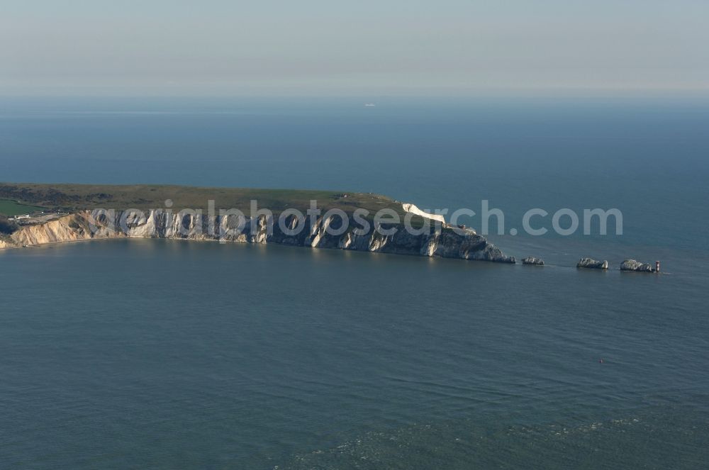 Aerial photograph West High Down - Rock Coastline The Needles on the cliffs Old Harry Rocks Isle of Wight of English Channel in West High Down in England, United Kingdom