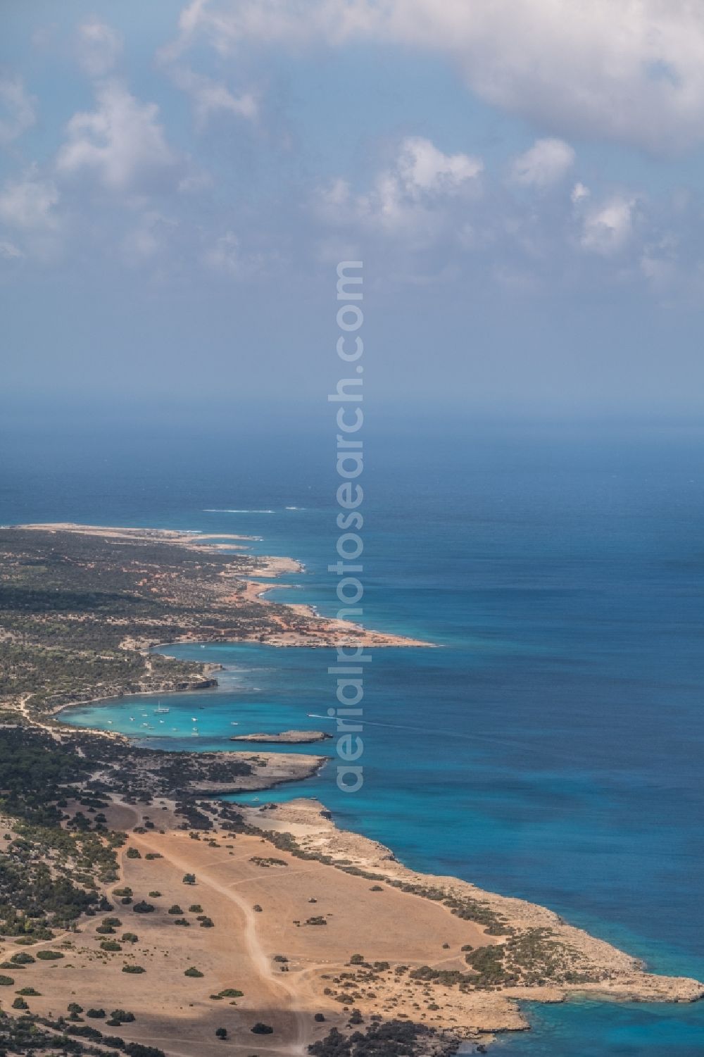 Aerial image Fontana Amoroza - Coastline of Akamas Peninsula with the point of interest Blue Lagoon in Neo Chorio, Cyprus - aerial view