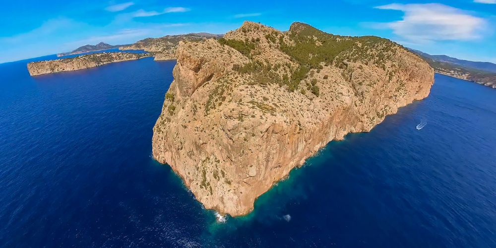 Port d'Andratx from the bird's eye view: Rock Coastline on the cliffs Cap of Llamp near Port d'Andratx in Balearic islands, Spain