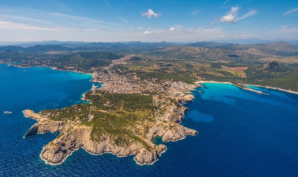 Aerial image Cala Gat - Rock Coastline on the cliffs on Faro de Capdepera in Cala Gat in Balearic island of Mallorca, Spain