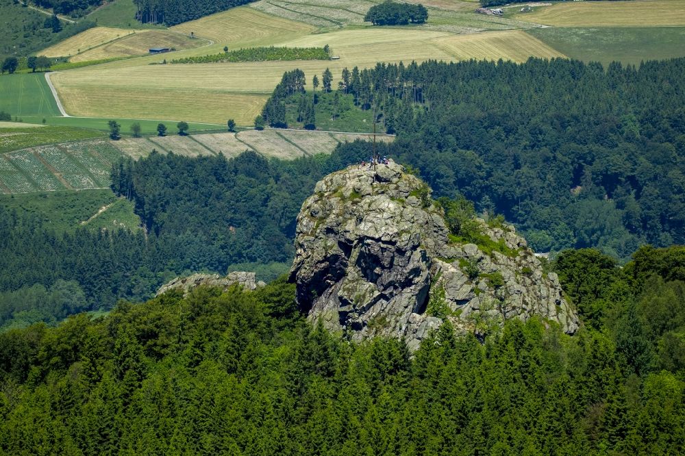 Aerial photograph Olsberg - Rock formation Bruchhauser stones near Brilon in the state of North Rhine-Westphalia. The known archaeological site is located in a conservation area of the Rothaargebirge
