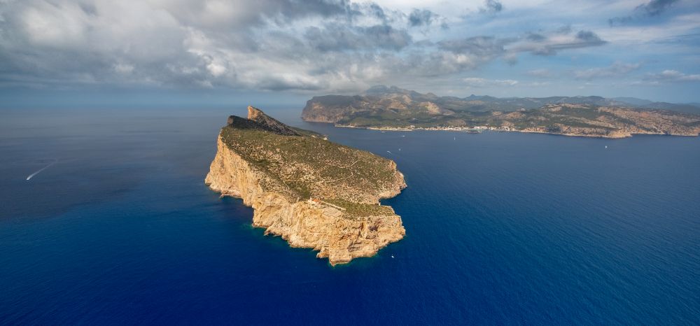 Andratx from the bird's eye view: Plateau in the water Sa Dragonera in Andratx in Balearic Islands, Spain