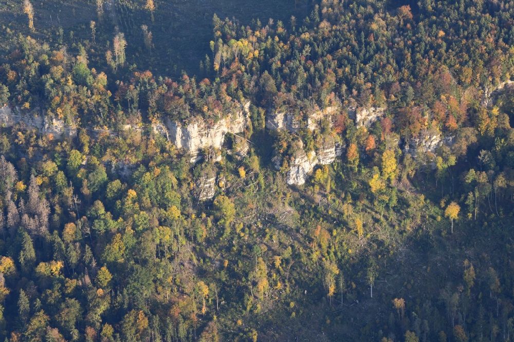 Aerial image Blumberg - Valley landscape with the rocks of Wutachfluehen in Blumberg in the state Baden-Wurttemberg, Germany