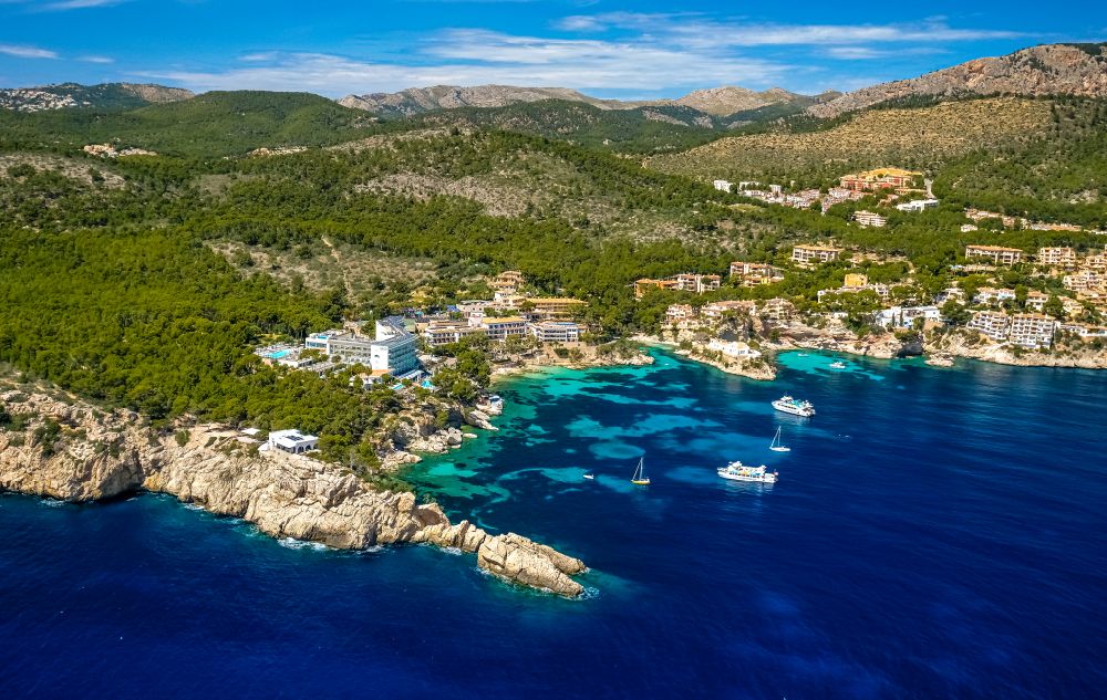 Cala Fornells from the bird's eye view: Holiday home complexes in the Bay of in Cala Fornells in the Balearic Island of Mallorca, Spain
