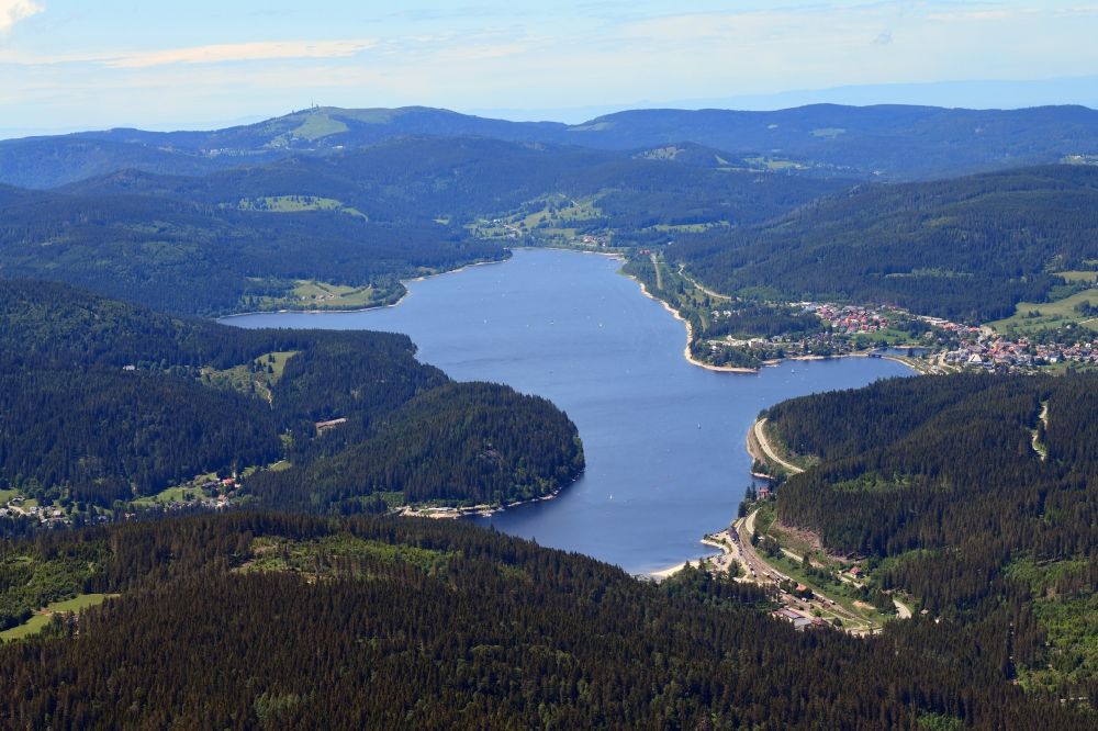 Schluchsee from above - Riparian areas on the lake Schluchsees in the landscape of the Black Forest in Schluchsee in the state Baden-Wuerttemberg, Germany