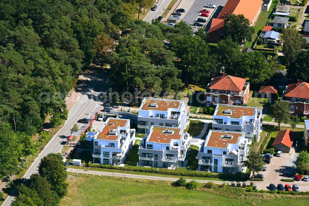 Ostseebad Boltenhagen from above - Building of an apartment building used as an apartment complex Upstalsboom Aparthotel on street Ostseeallee in Ostseebad Boltenhagen at the baltic sea coast in the state Mecklenburg - Western Pomerania, Germany