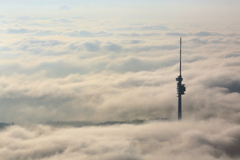 Aerial image Bettingen - Television Tower St. Chrischona in Bettingen in Basel, Switzerland is Standing out of the autumn fog