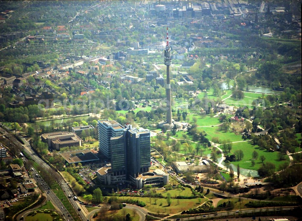 Aerial photograph Dortmund - Television Tower Florian- Turm in the district Ruhrallee Ost on park Westfalenpark in Dortmund in the state North Rhine-Westphalia, Germany