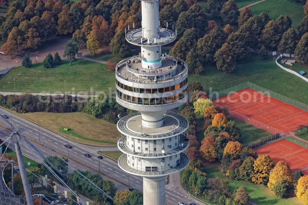 München from the bird's eye view: Television Tower Olympiaturm in Olympiapark on Spiridon-Louis-Ring in Munich in the state Bavaria, Germany