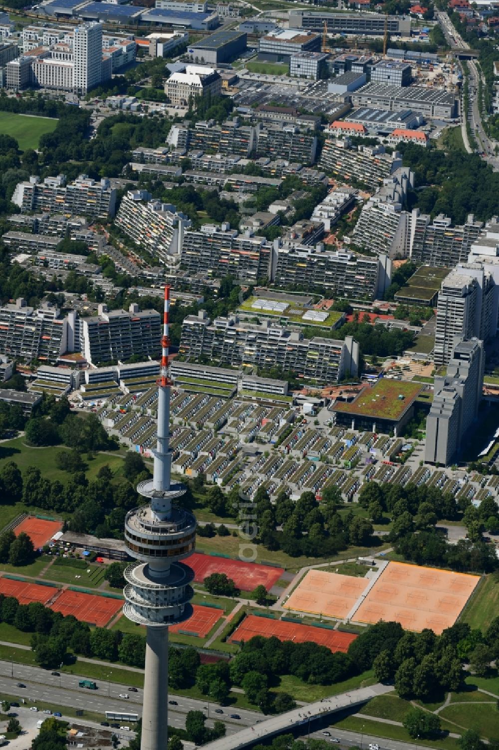 Aerial image München - Television Tower Olympiaturm in Olympiapark on Spiridon-Louis-Ring in Munich in the state Bavaria, Germany