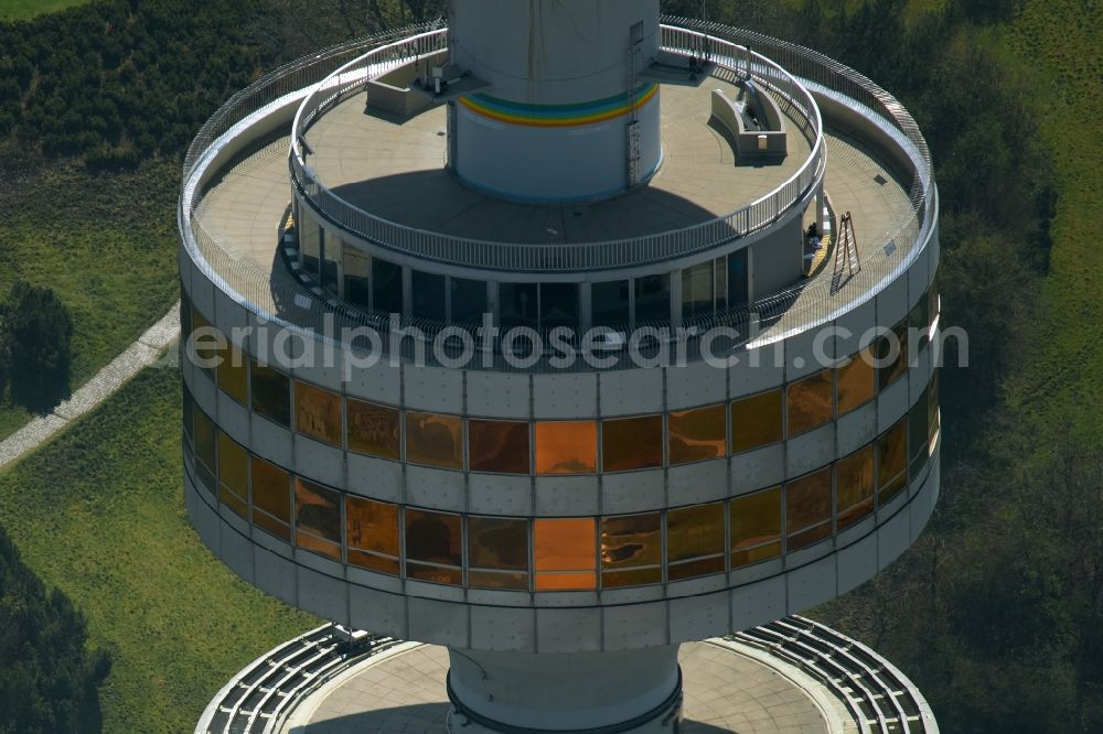 München from above - Television Tower Olympiaturm in Olympiapark on Spiridon-Louis-Ring in Munich in the state Bavaria, Germany