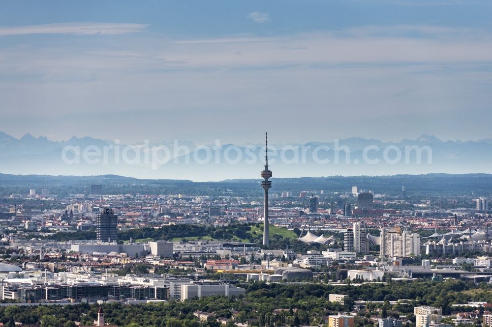 München from the bird's eye view: Television Tower Olympiaturm in Olympiapark in Munich in the state Bavaria, Germany