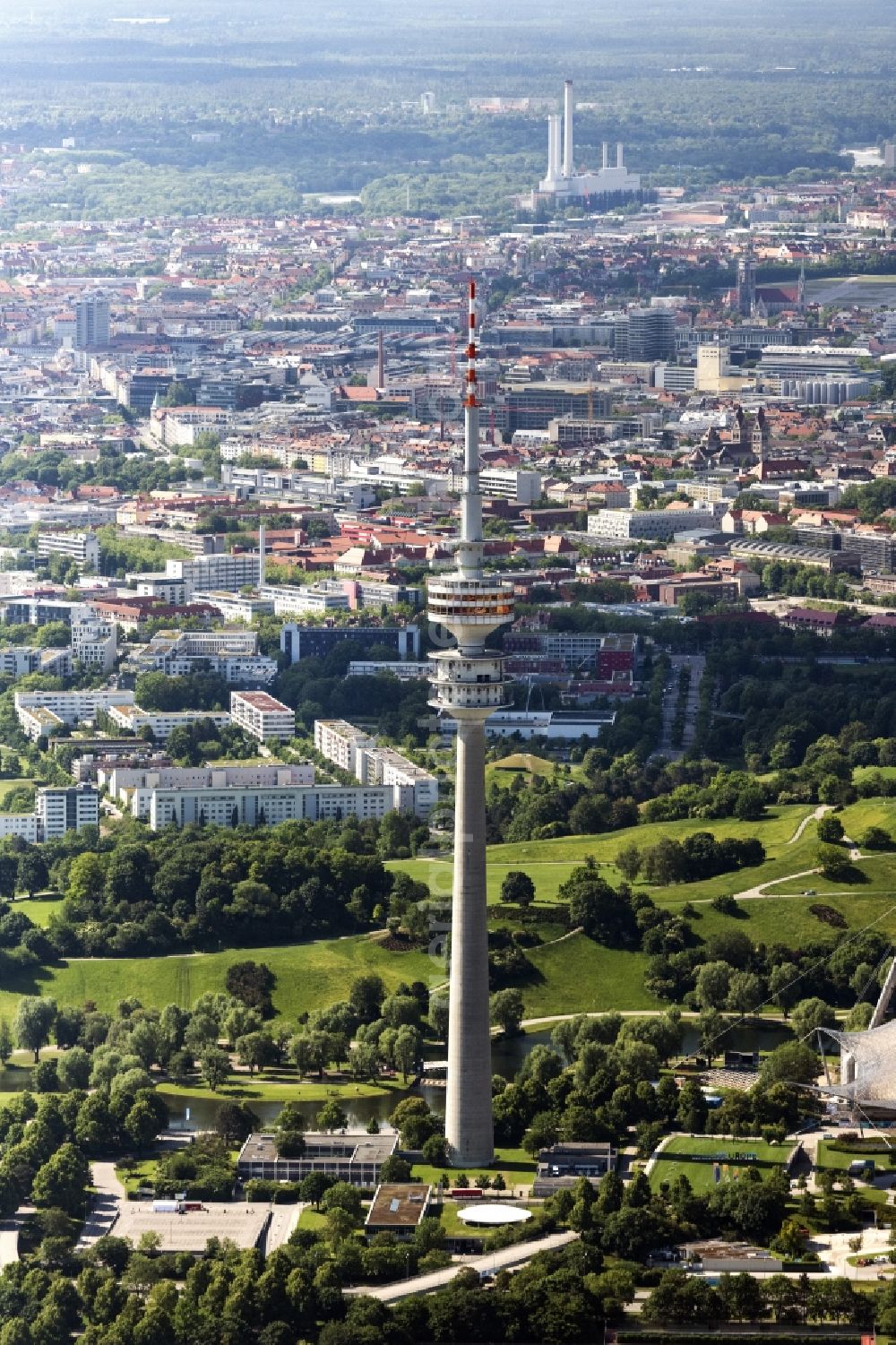 Aerial image München - Television Tower Olympiaturm in Olympiapark on Spiridon-Louis-Ring in Munich in the state Bavaria, Germany