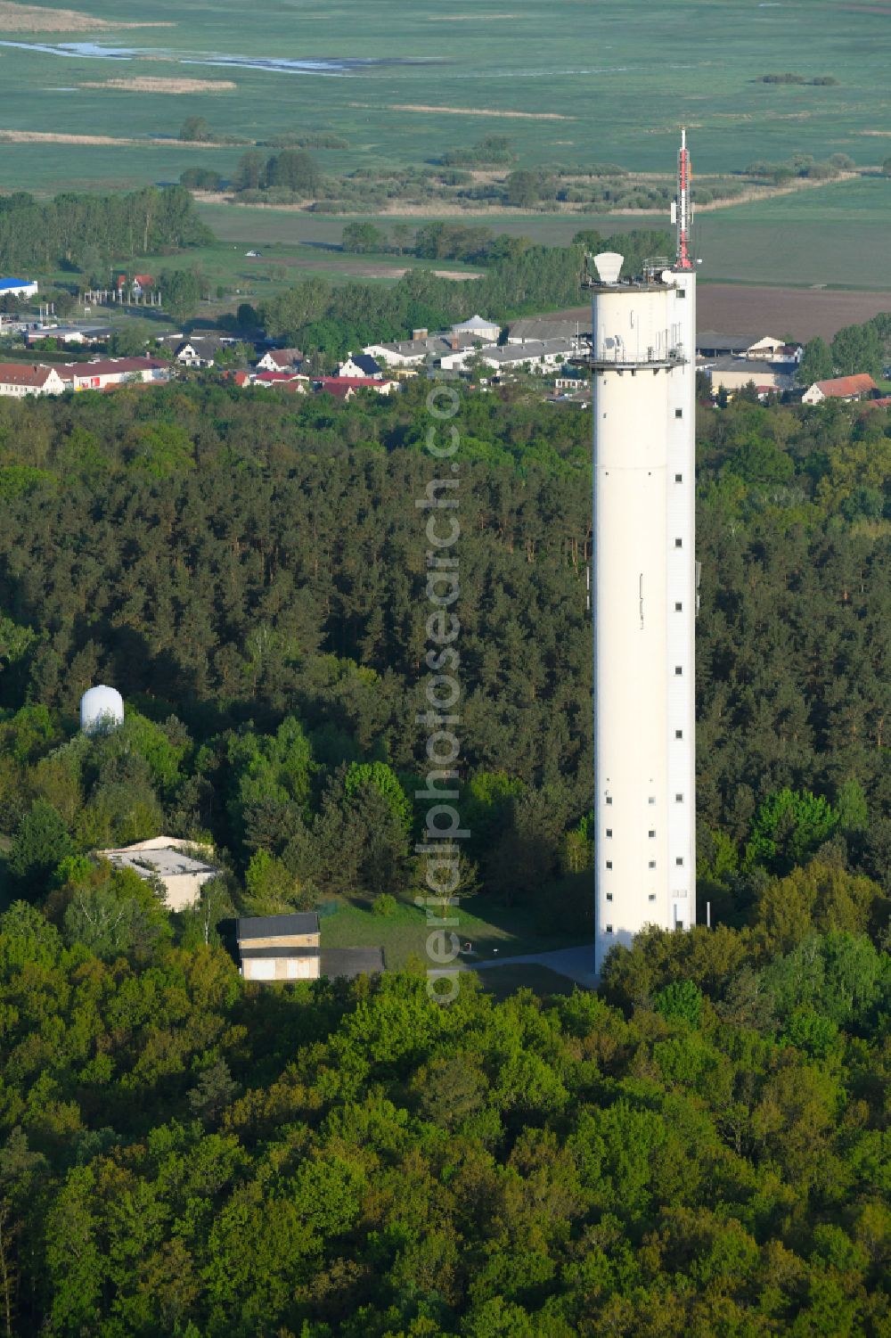 Rhinow from above - Television Tower Fernmeldeturm Rhinow on Turmstrasse in Rhinow in the state Brandenburg, Germany