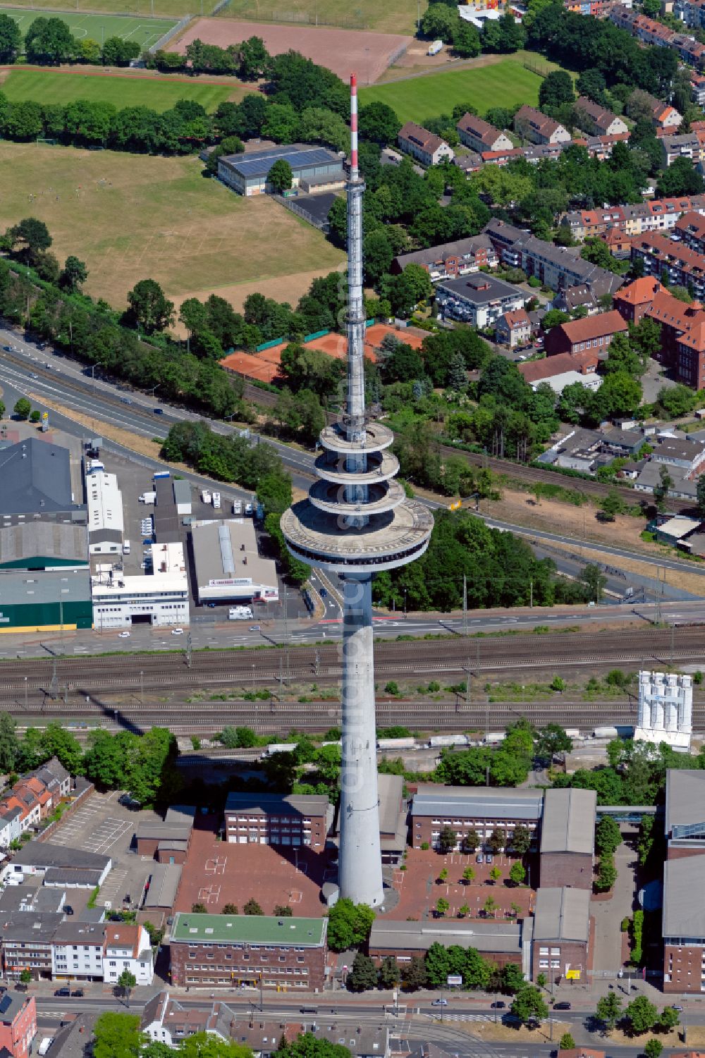 Bremen from above - Television Tower in the Walle part in the North on street Hans-Boeckler-Strasse of Bremen in Germany