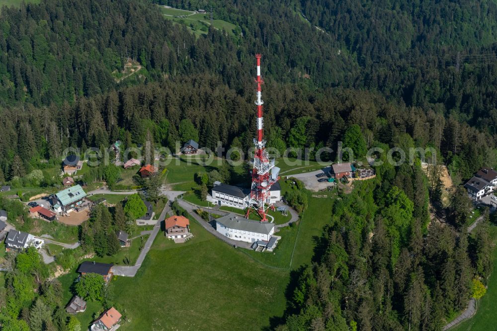 Aerial photograph Lochau - Steel mast funkturm and transmission system as basic network transmitter Sendemast on Pfaender in Lochau at Bodensee in Vorarlberg, Austria