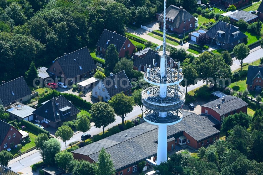 Wyk auf Föhr from the bird's eye view: Steel mast funkturm and transmission system as basic network transmitter in Wyk auf Foehr in the state Schleswig-Holstein, Germany