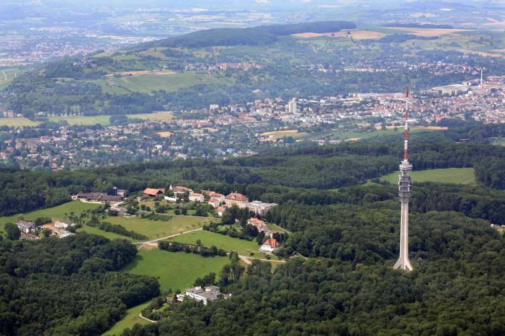 Aerial image Bettingen - View over the radio tower and settlement of St. Chrischona in Bettingen in Switzerland over the border to Loerrach in Baden-Wuerttemberg