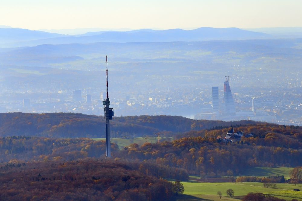 Aerial photograph Bettingen - Weather with layered haze at St. Chrischona television tower on Hohestrasse in Bettingen in the canton Basel, Switzerland. Looking to the skyline of Basle