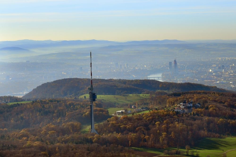 Aerial image Bettingen - Weather with layered haze at St. Chrischona television tower on Hohestrasse in Bettingen in the canton Basel, Switzerland. Looking to the skyline of Basle