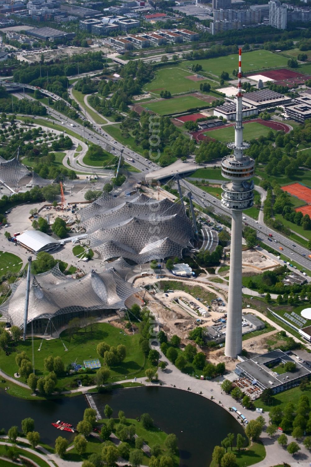 München from the bird's eye view: TV tower at the Olympic Park in Munich in Bavaria