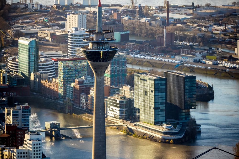 Aerial photograph Düsseldorf - Top of the Television Tower Rheinturm with the city center in the background in Duesseldorf in the state North Rhine-Westphalia