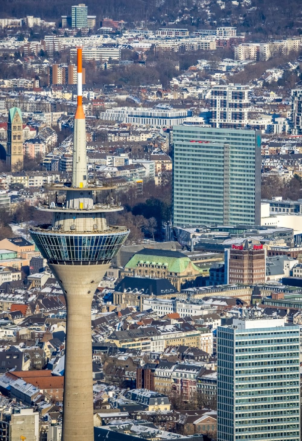 Düsseldorf from above - Top of the Television Tower Rheinturm with the city center in the background in Duesseldorf in the state North Rhine-Westphalia