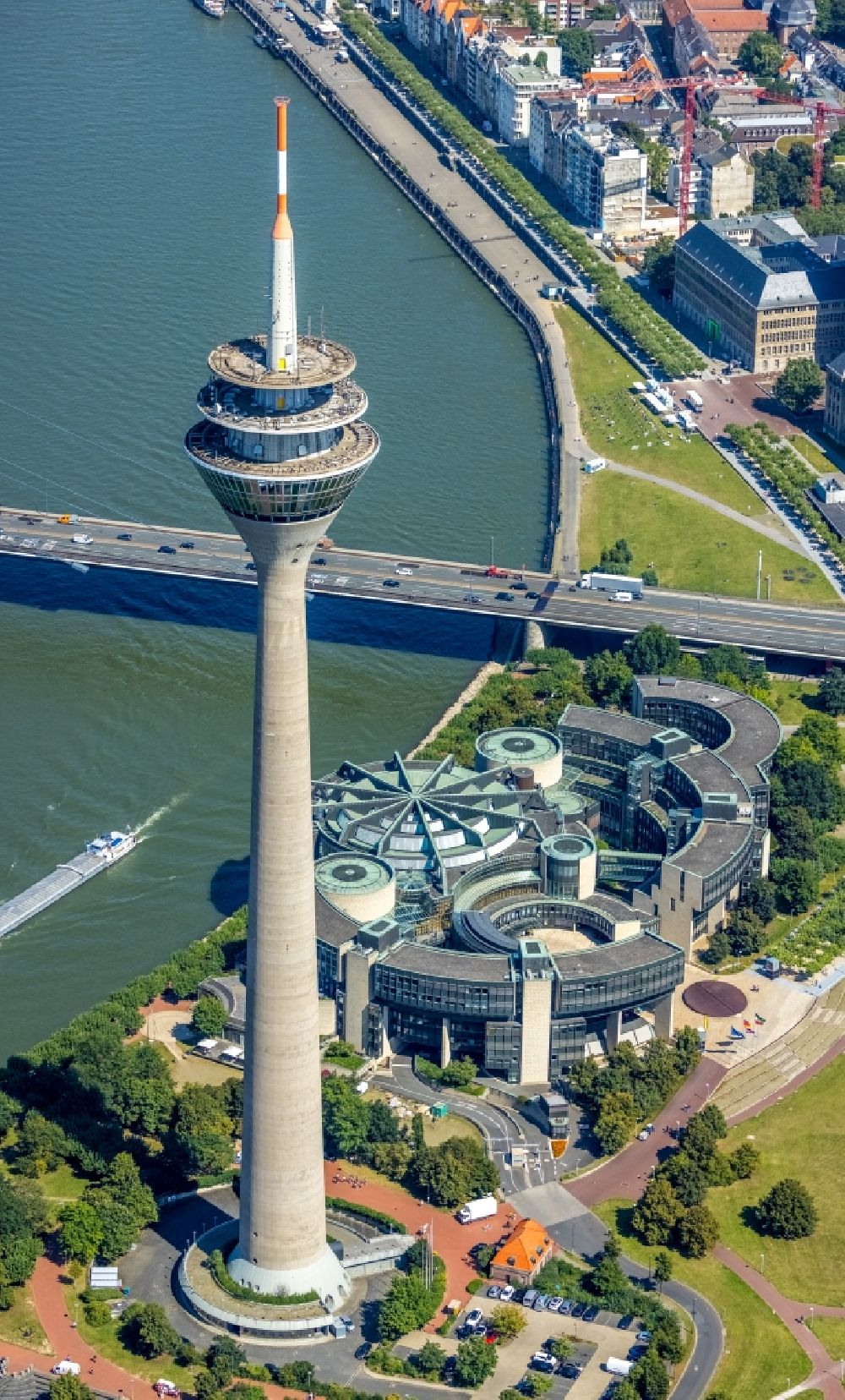 Aerial image Düsseldorf - Top of the Television Tower Rheinturm with the city center in the background in Duesseldorf in the state North Rhine-Westphalia