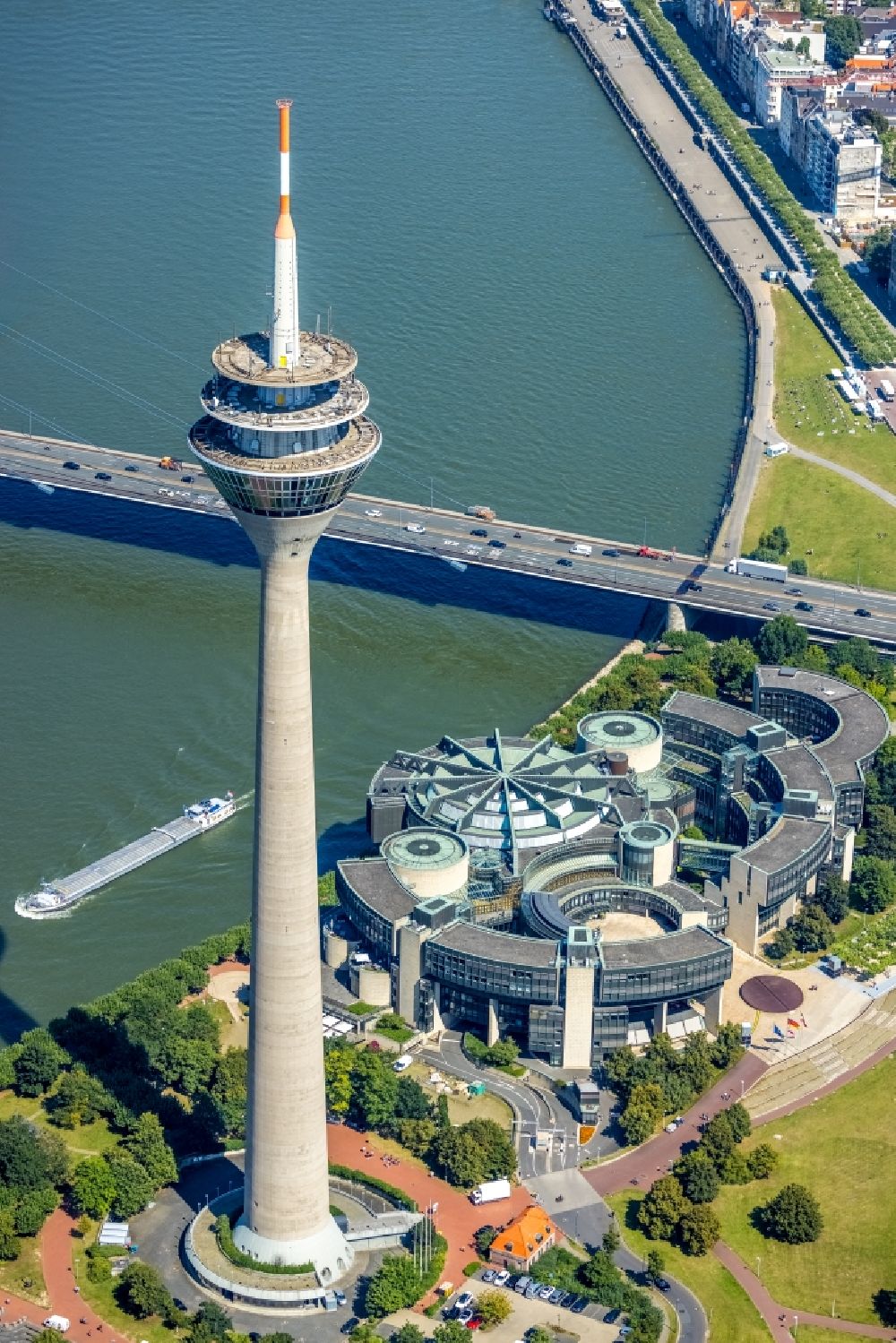 Aerial photograph Düsseldorf - Top of the Television Tower Rheinturm with the city center in the background in Duesseldorf in the state North Rhine-Westphalia