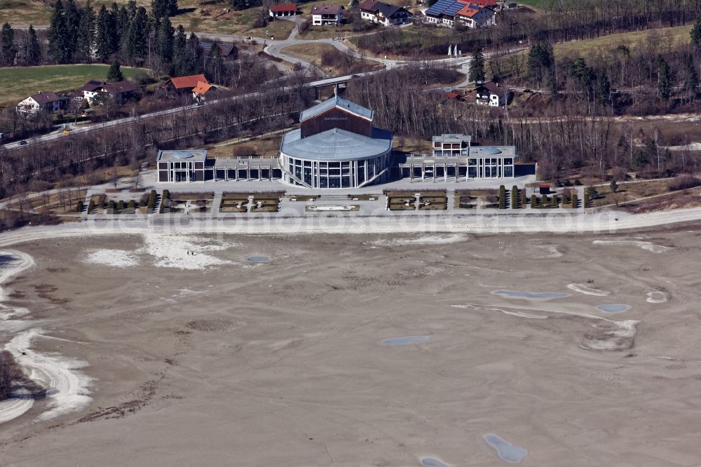 Aerial photograph Füssen - Festspielhaus Fuessen in the winter at the dry fallen Forggensee in the state of Bavaria shortly before the reopening after the insolvency