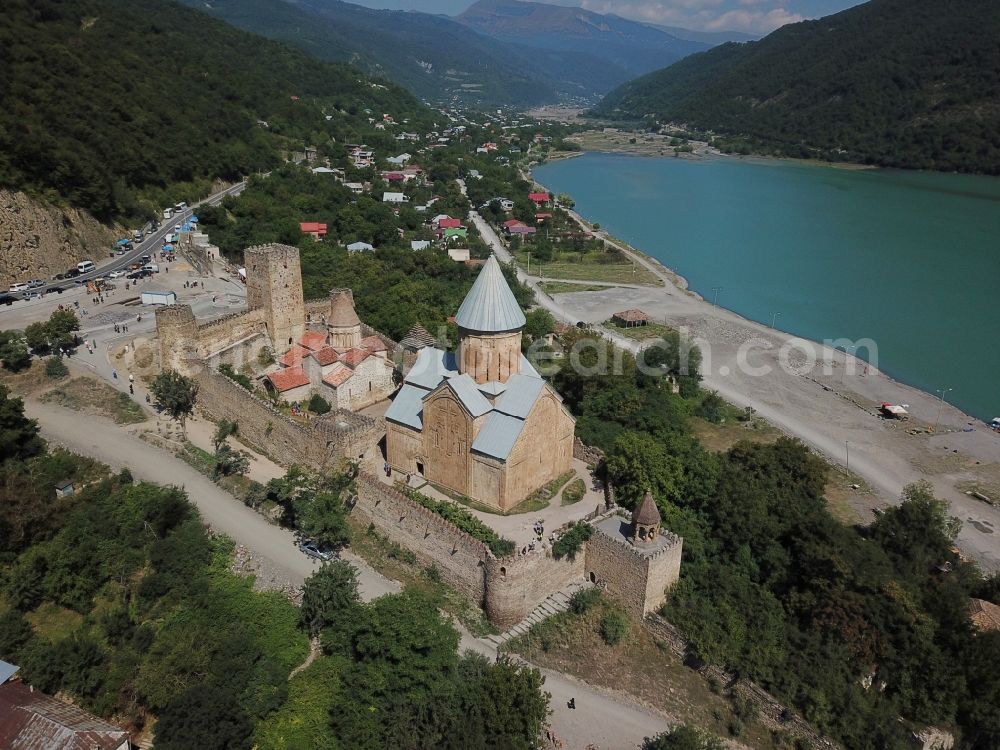 Aerial image Ananuri - View of the fortress Ananuri Georgia, near the village of the same name in the municipality of Duscheti, Mzcheta-Mtianeti region in Georgia