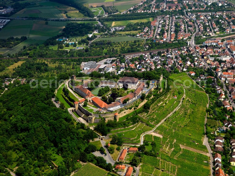 Asperg from the bird's eye view: Fortress Hohenasperg in Asperg in the state of Baden-Württemberg. The fortress was in use from 1535 until 1693 as a fortress of the land of Württemberg, located on the Asperg mountain (also called Hohenasperg). Since 1968 it has been used as a lawenforcement health facility of the state