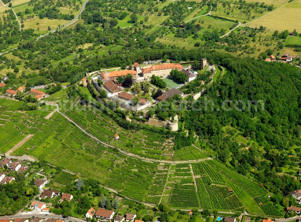 Aerial image Asperg - Fortress Hohenasperg in Asperg in the state of Baden-Württemberg. The fortress was in use from 1535 until 1693 as a fortress of the land of Württemberg, located on the Asperg mountain (also called Hohenasperg). Since 1968 it has been used as a lawenforcement health facility of the state