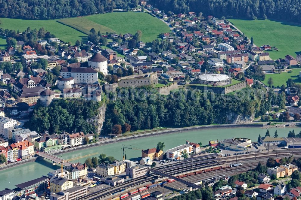 Aerial image Kufstein - The fortress Kufstein in Tyrol, Austria. The medieval Burganlage is the landmark of the city of Kufstein. The fortification is also mistakenly called fortress Geroldseck