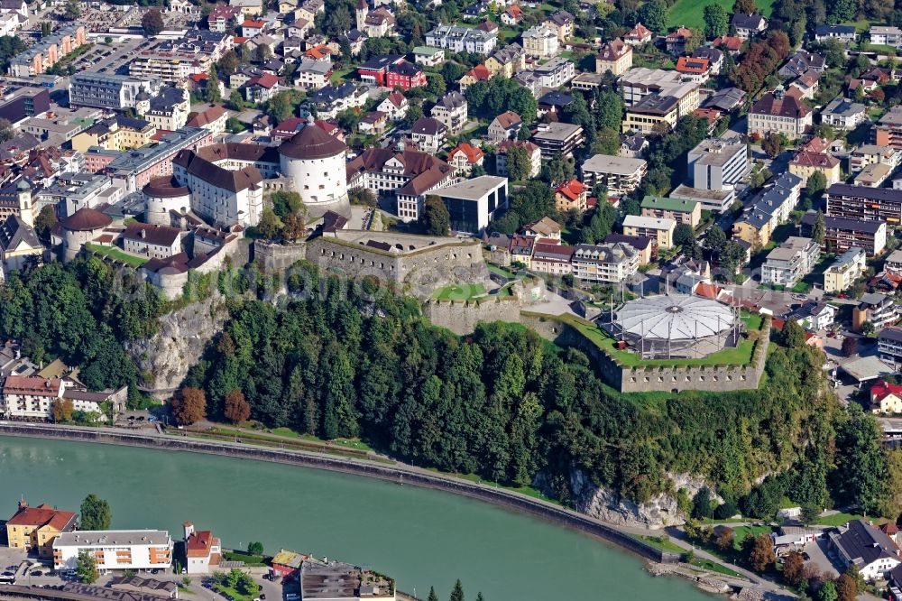 Kufstein from the bird's eye view: The fortress Kufstein in Tyrol, Austria. The medieval Burganlage is the landmark of the city of Kufstein. The fortification is also mistakenly called fortress Geroldseck