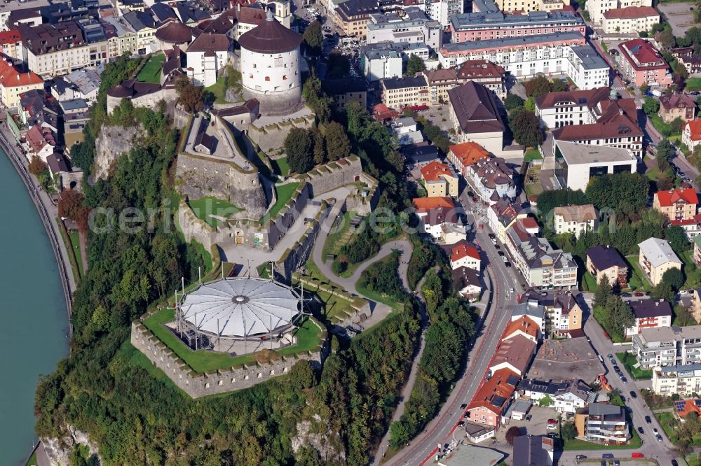 Kufstein from above - The fortress Kufstein in Tyrol, Austria. The medieval Burganlage is the landmark of the city of Kufstein. The fortification is also mistakenly called fortress Geroldseck