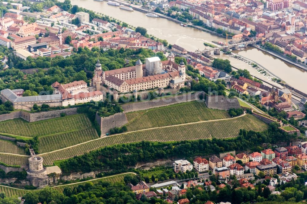 Aerial photograph Würzburg - Fortress Festung Marienberg above the Main river in Wuerzburg in the state Bavaria, Germany