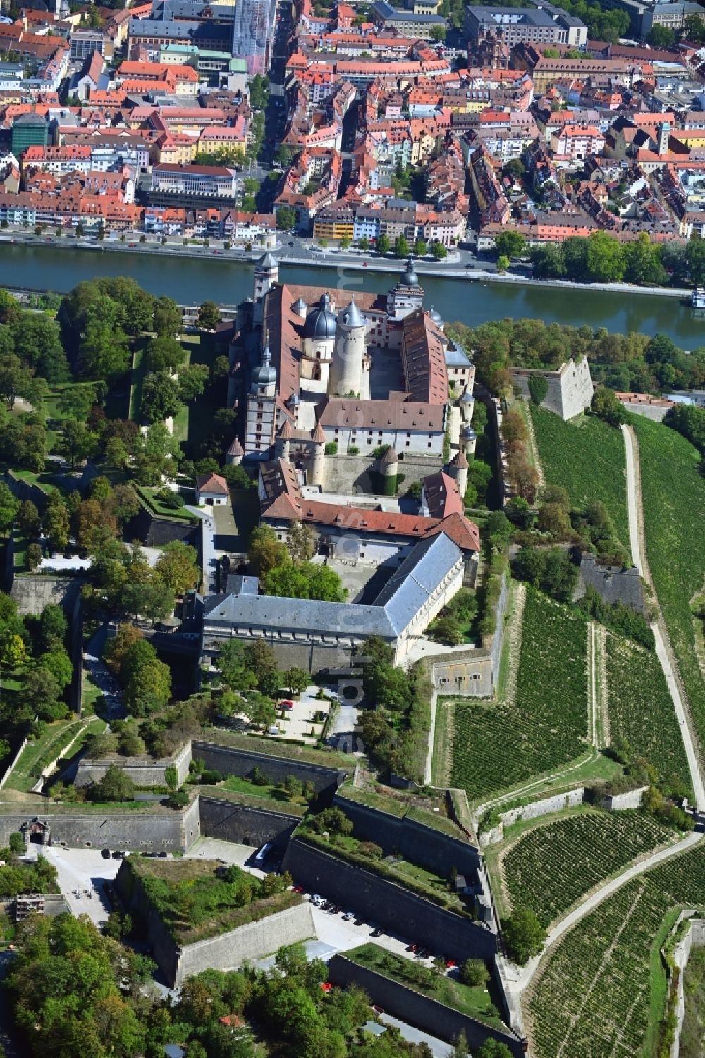 Würzburg from above - Fortress Festung Marienberg above the Main river in Wuerzburg in the state Bavaria, Germany