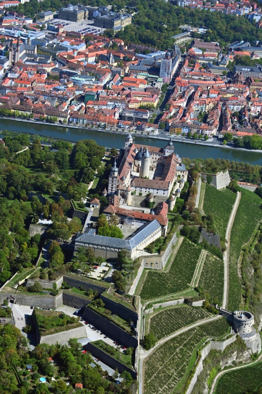 Aerial image Würzburg - Fortress Festung Marienberg above the Main river in Wuerzburg in the state Bavaria, Germany