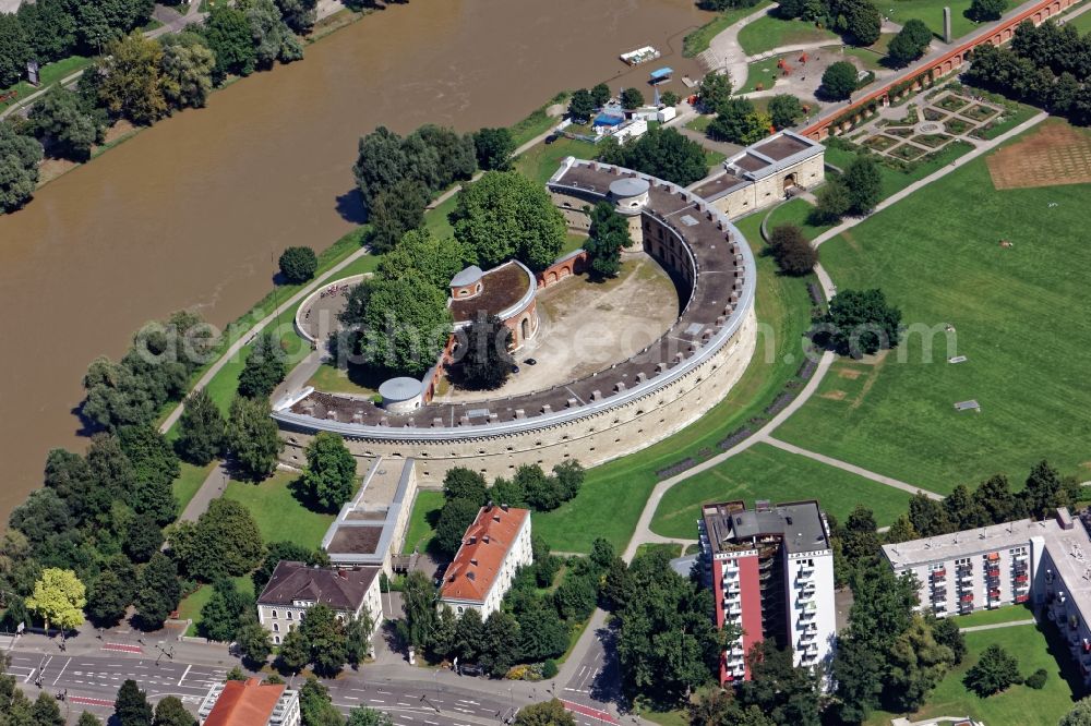 Ingolstadt from above - Fortress Reduit Tilly in Ingolstadt in the state of Bavaria. The Tillyveste in the Klenzepark served as the protection of the bridgehead of the Ingolstadt national fortress on the southern banks of the Danube. Today, the half-timbered two-storey building houses a permanent exhibition of the Bavarian Army Museum